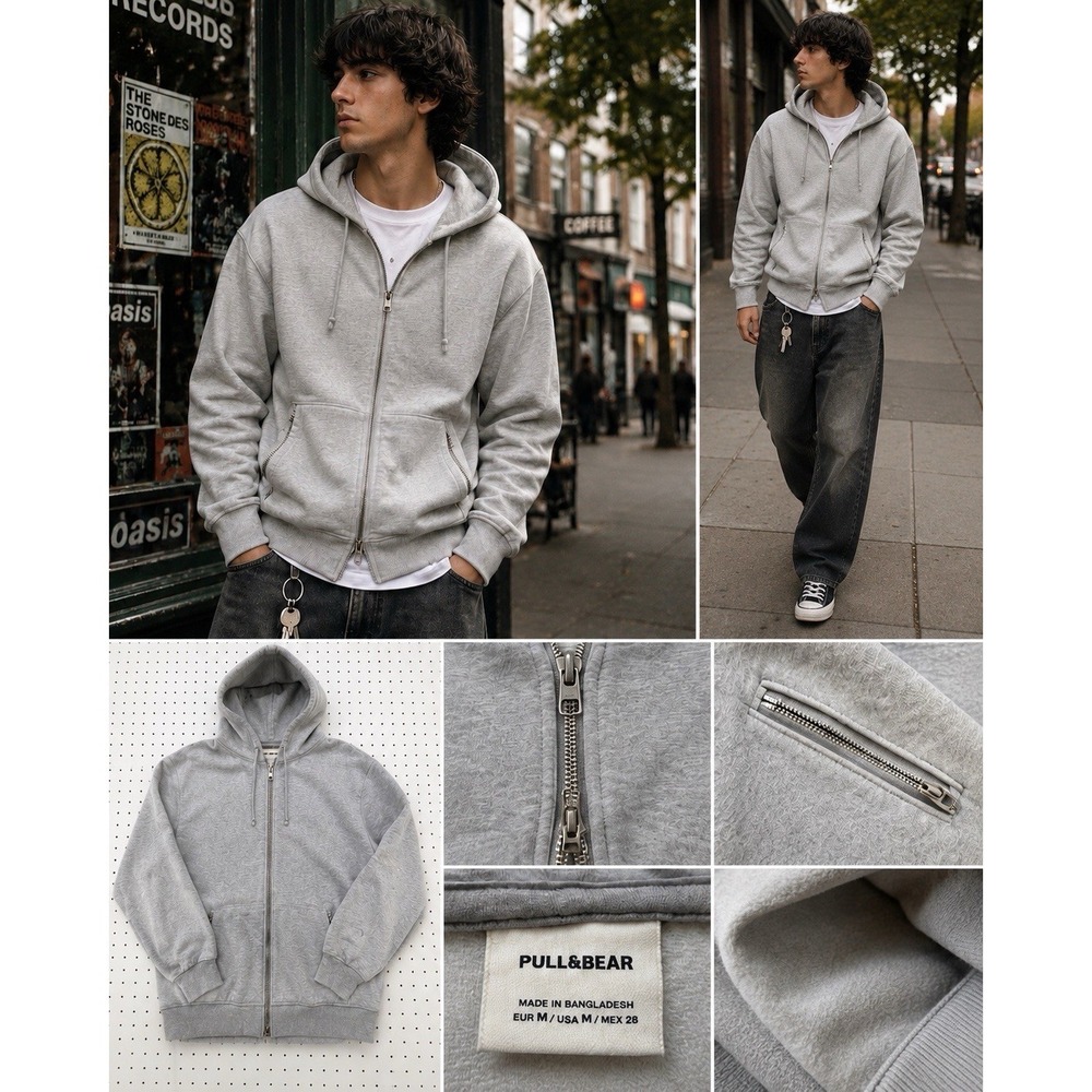 Pull&Bear Full Zip Hoodie Gray Two-Way Zip Heavyweight Streetwear Men's M